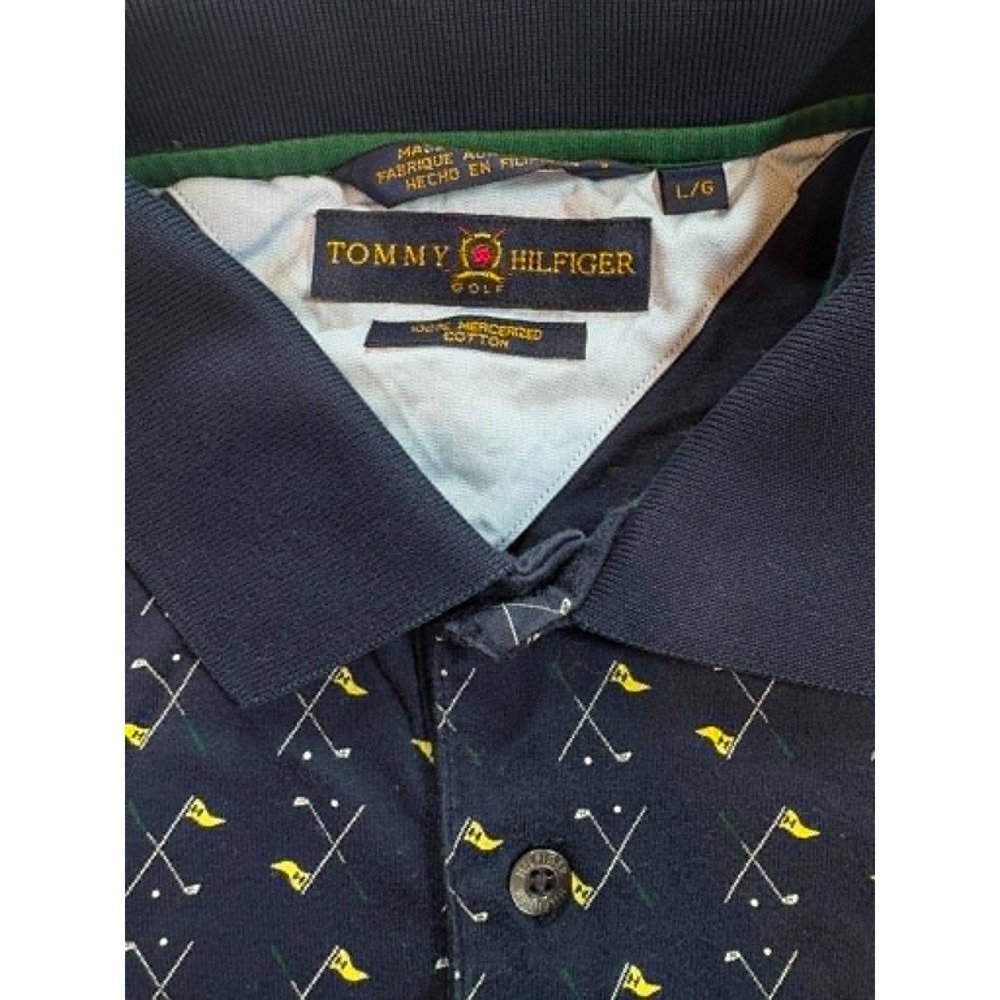 VTG 90s Tommy Hilfiger Golf Polo Shirt Large L Navy All Over Print Flags Club